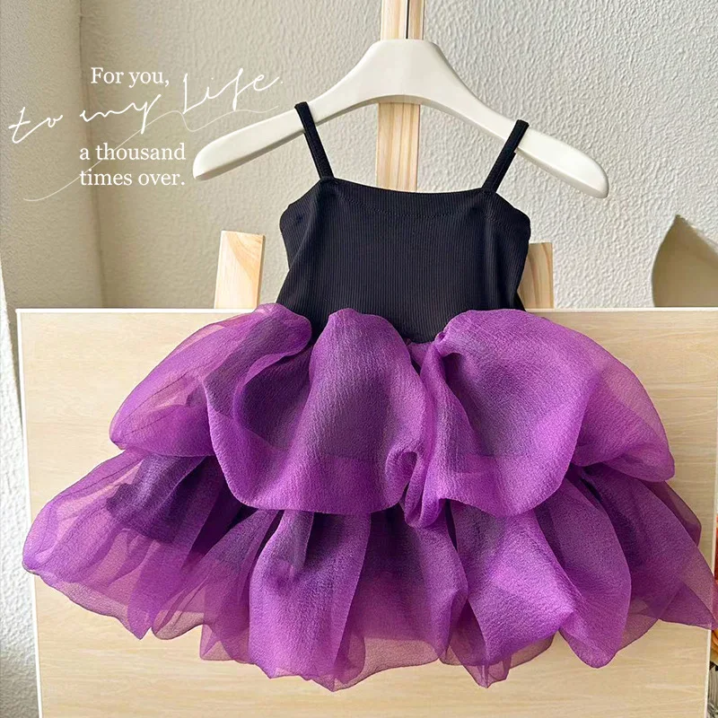 Girls Dress Summer 2024 New Style Childrens Dress Birthday Little Girl Pompadour Dress Halter Princess Simple Casual Skirt