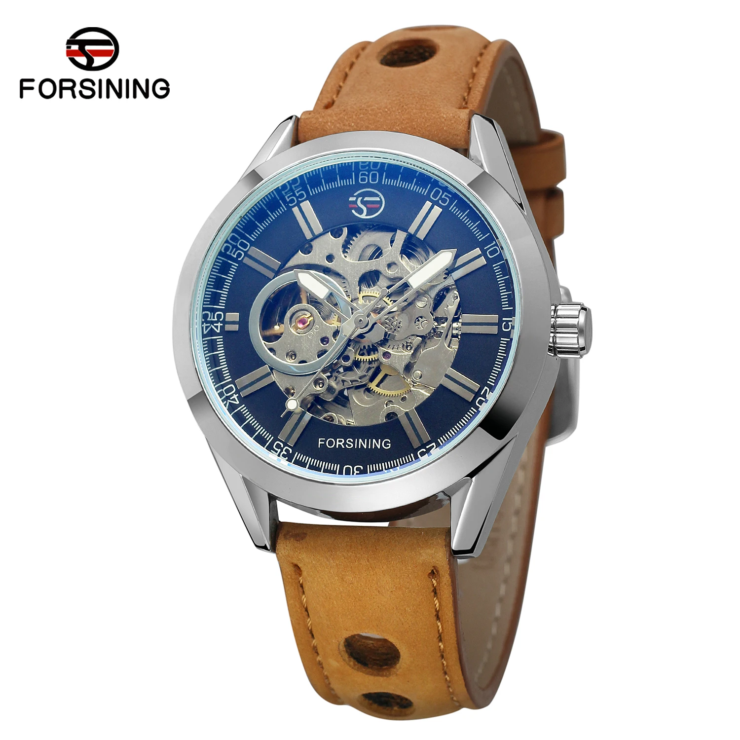 Forsining Mens Watch 40mm Skeleton Dial Blue Stainless Automatic Crystals 8.5\