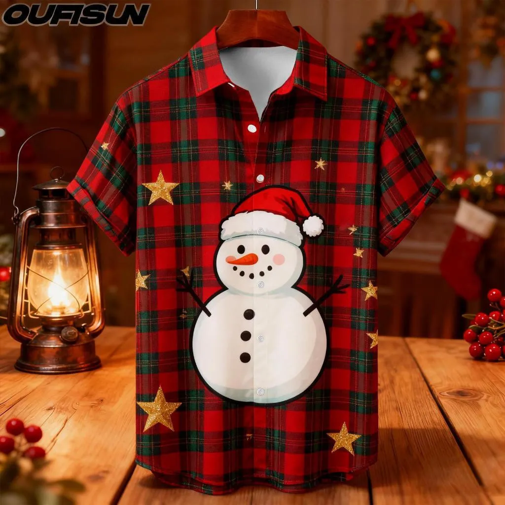 

2025 Рождественская вечеринка, мужская рубашка большого размера с лацканами и коротким рукавом, повседневная уличная рождественская рубашка в стиле хип-хоп, футболка, топ