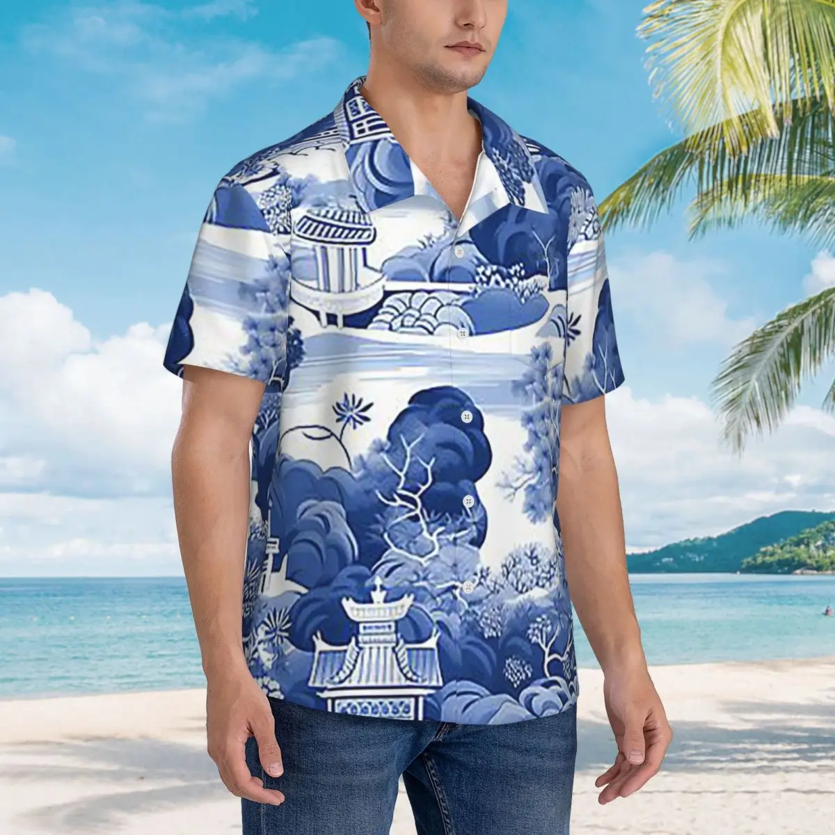 

Chinoiserie Pattern Hawaiian Shirts Funny Men Short Sleeve Shirt for Summer Beach Men's Lapel Tops