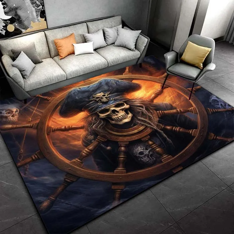 Pirate Skull Steering Wheel Rug for Nautical Themed Rooms - Adventure Decor, Ocean Inspired Flooring Skid resistant carpet