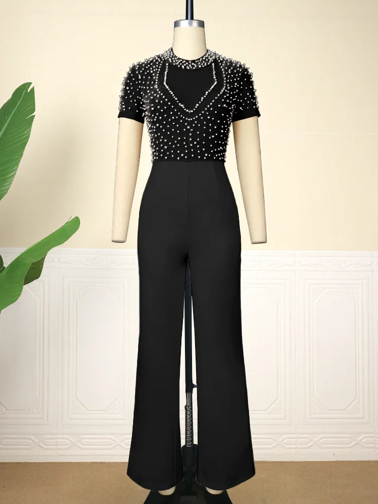 Casual Beading Sheer Elegant Jumpsuit Women One Piece Outfit 2023 Summer Fashion Patchtwork Pants Female Party Luxury Jumpsuit