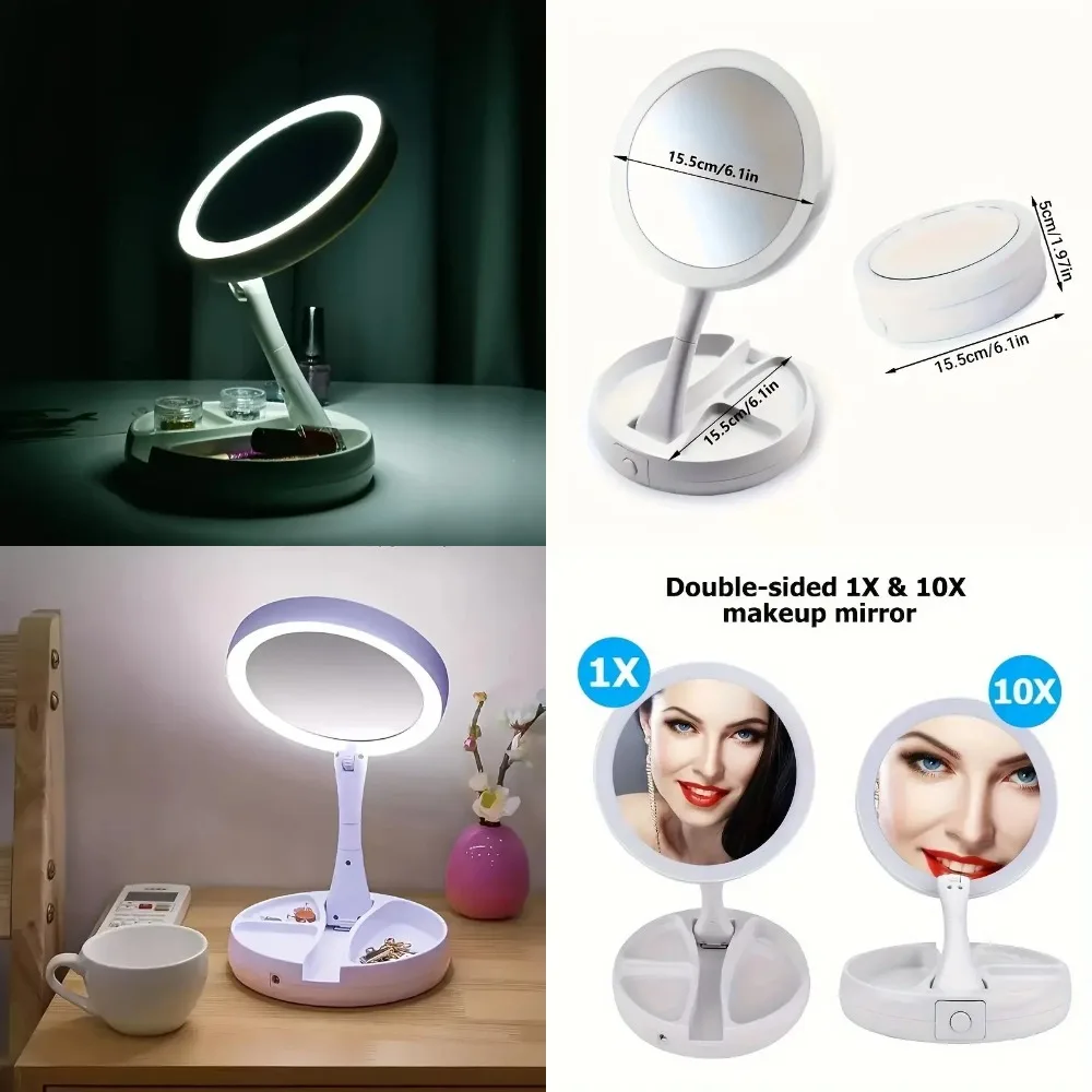 Miroir de maquillage LED portable avec grossissement 1X/10X, commande tactile, luminosité réglable, 360 °   Rotation, rechargeable, pliable