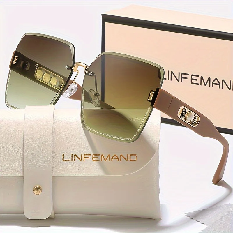 LINFEMAND Rahmenlose Mode-Sonnenbrille mit Farbverlauf, Perlen-Blumendekoration, Kunststoffrahmen mit Etui für Damen, Sommer-Festival-Geschenk – Detail 7