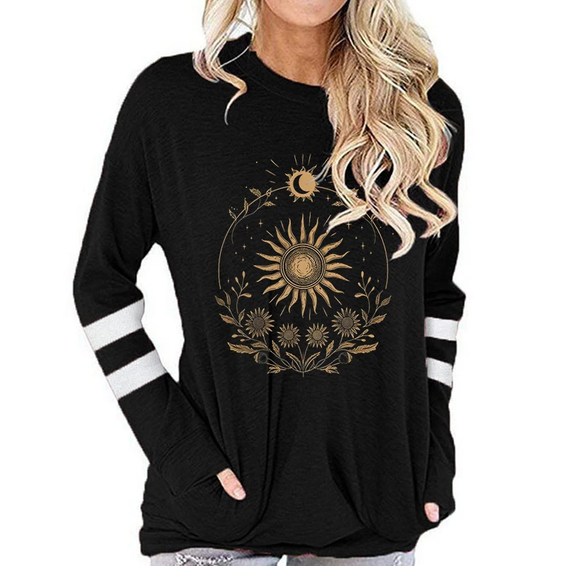 Women Long SleeveT-shirt New Golden Sun Moon Sunflower Printed T Shirt Casual Vintage Sun Moon Trend Tshirt Fashion Female Tops