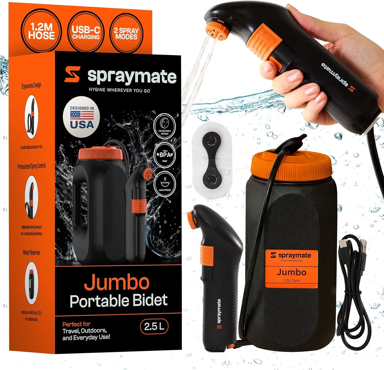 

Portable Bidet for Travel – Electric High Pressure Rechargeable Bidet for Women & Men 2.5L Bottle 1300ML/Min Flow USB-C