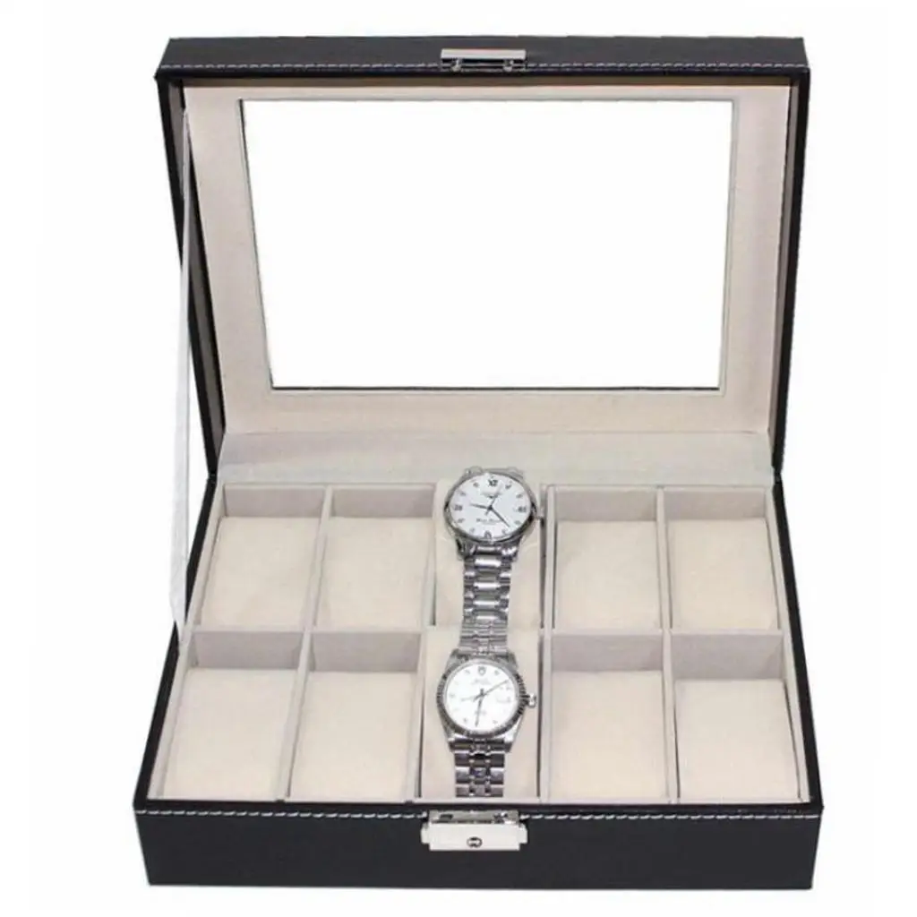 Organizador de Joyas de Madera y Cuero PU Negro con Tapa de Vidrio, Estuche de Almacenamiento para Relojes y Accesorios