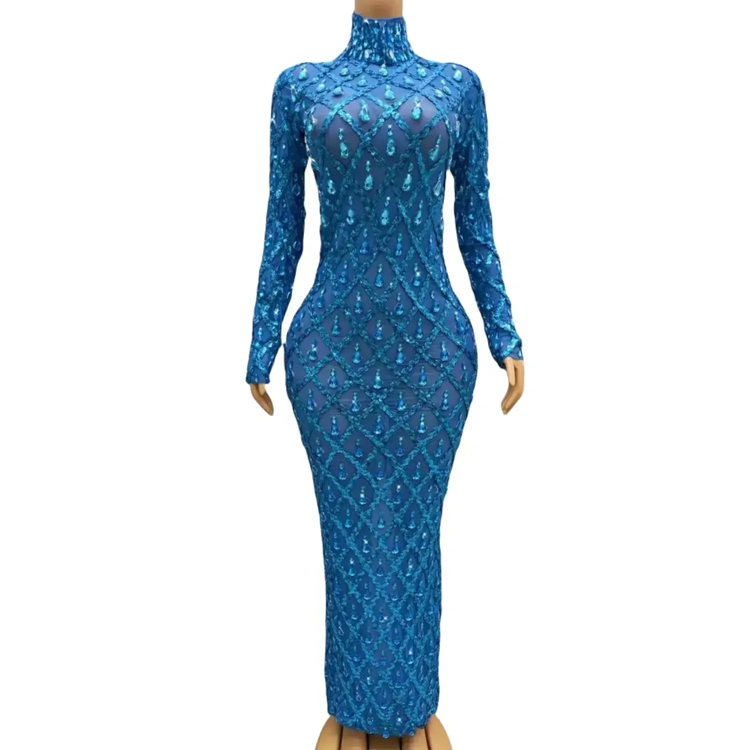 Luxury Blue Long Sleeves Rhinestones Bodycon Party Long Dress Elegant Women Crystal Stage Wear Plus Size Prom Evening Dress 2024