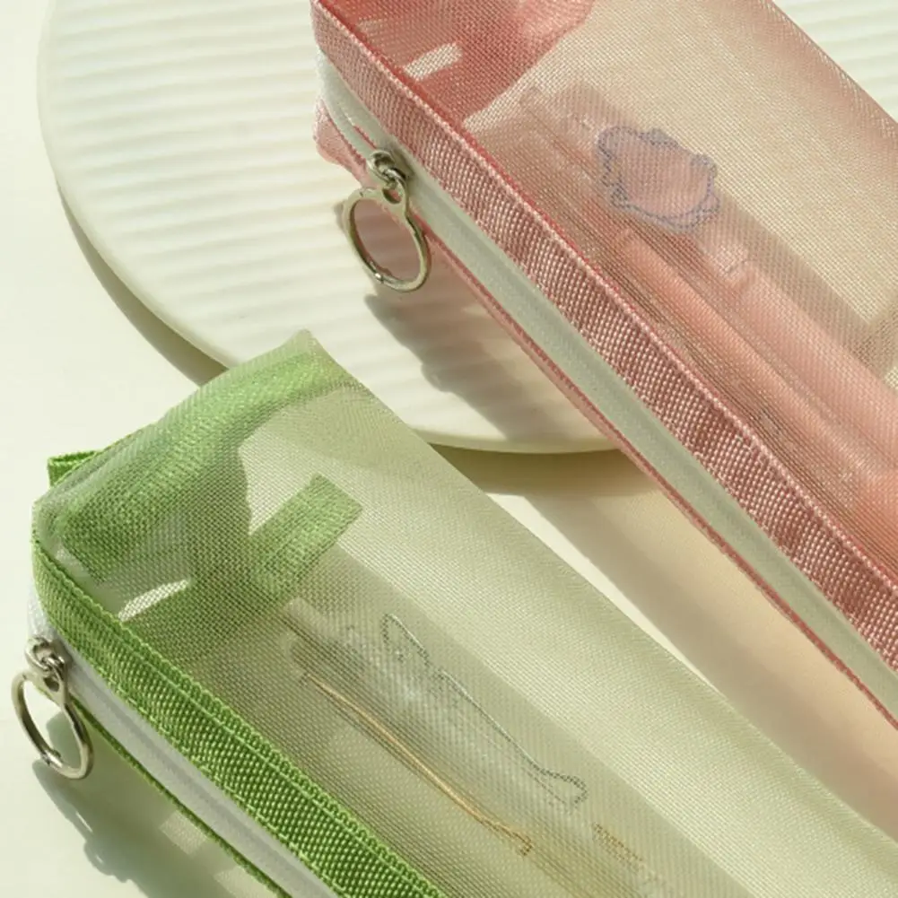 Estojo lápis estudante com malha transparente, zíper durável, estojo espaçoso, papelaria para estudantes