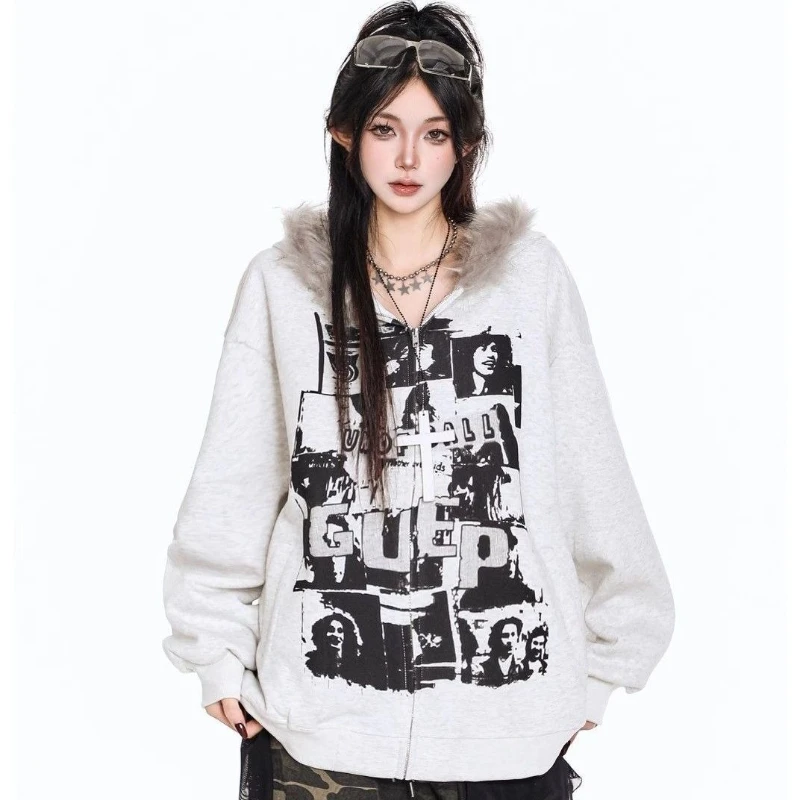 

Субкультура, американская винтажная куртка с капюшоном и длинными рукавами, женская повседневная уличная куртка в стиле панк с принтом в стиле пэчворк, осень 2023 г.