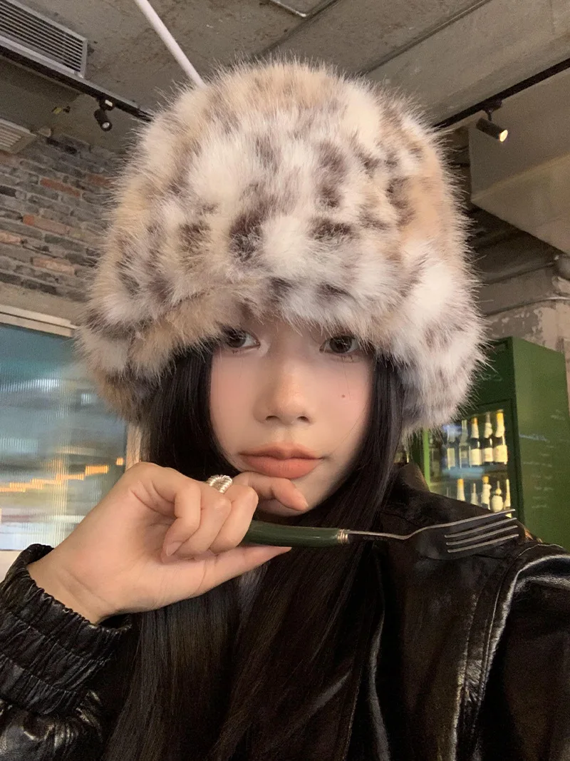 Faux Fur Leopard Bucket Hat for Women Winter Warm Hats Men Fisherman Cap Luxury Ear Protection Plush Panama for Girls