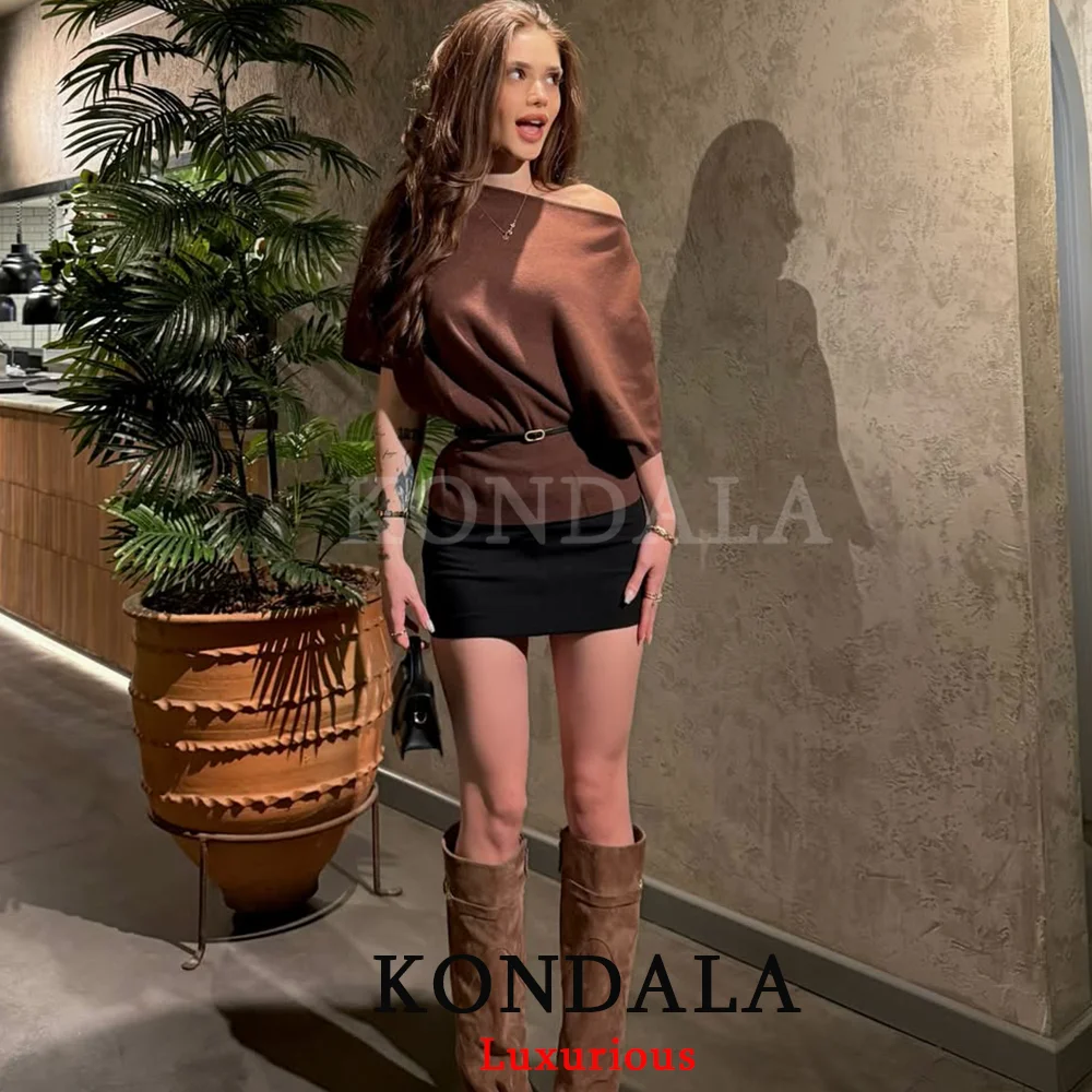 KONDALA Vintage Chic Brown Knit Tops O Neck Short Sleeve Belt Loose Tops Women Fashion 2025 Autumn Casual Office Lady Tops
