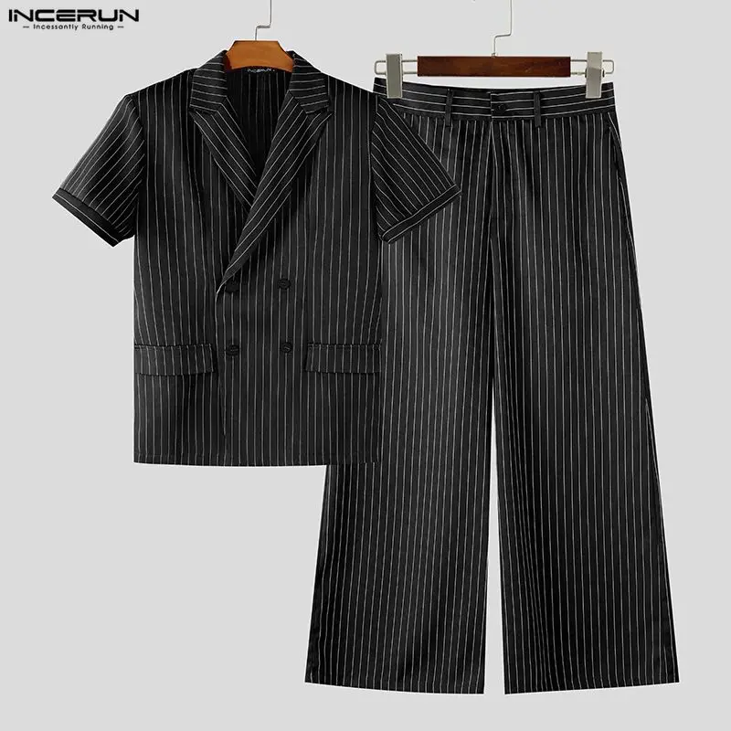 

INCERUN Men's Striped Sets Lapel Short Sleeve Blazer Wide Leg Pants Two Piece Sets Streetwear Fashion Elegant Men Matching Sets
