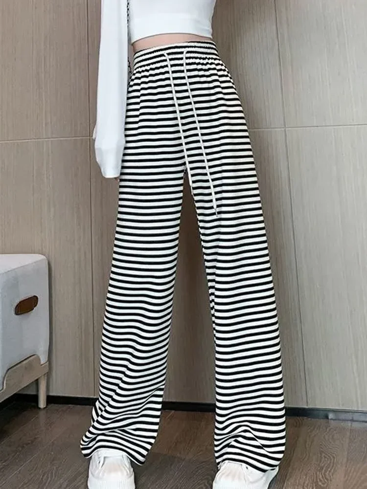 ลายหลวมตรงกางเกงผู้หญิงสบายๆ Elastic High เอวกว้างขา Sweatpants เกาหลีฤดูใบไม้ผลิฤดูใบไม้ร่วง Lace Up Pantalones