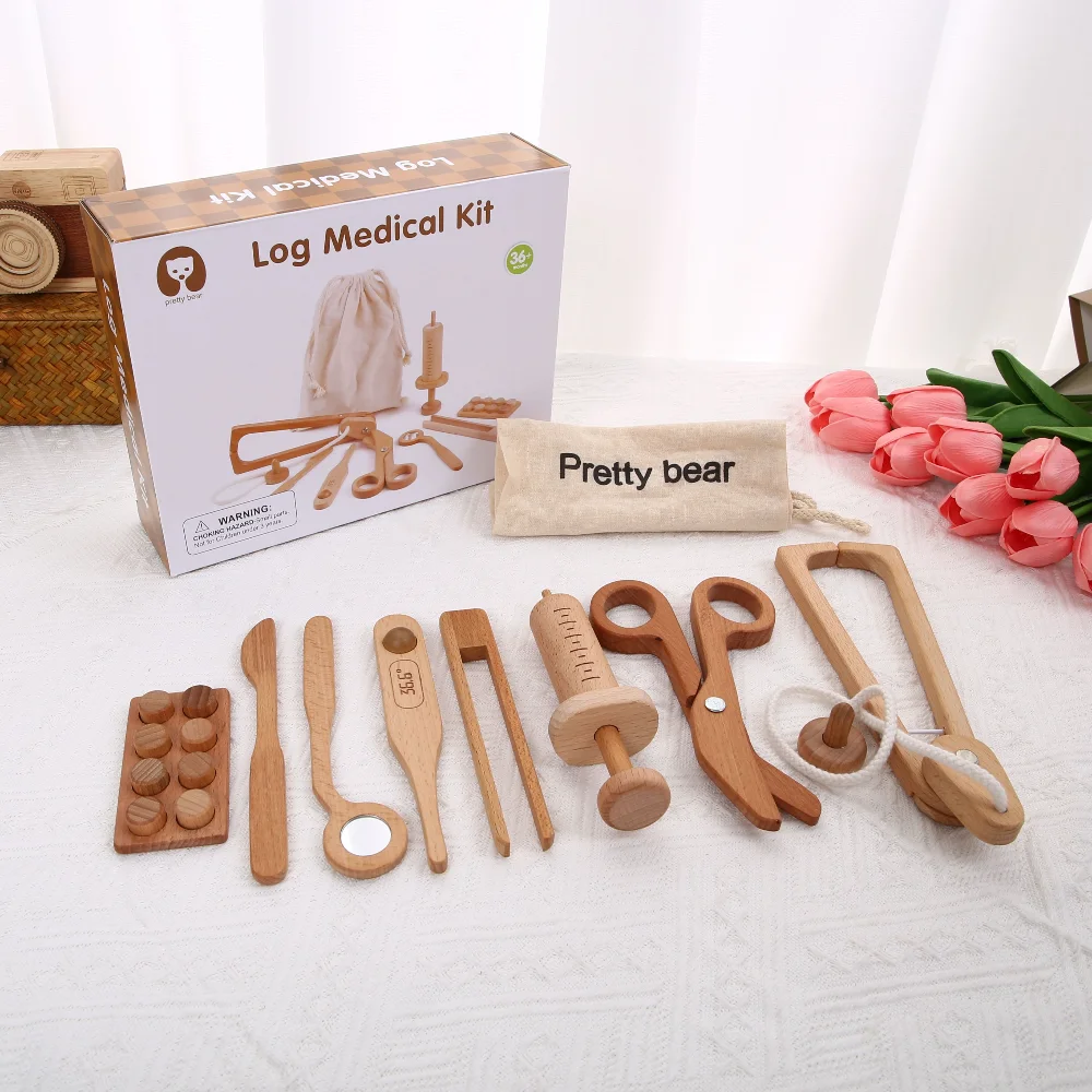 Caja médica de simulación de madera para niños, bolsa de cosméticos de inyección de estetoscopio, juego de maquillaje, caja de herramientas con tornillo de juguete para niños