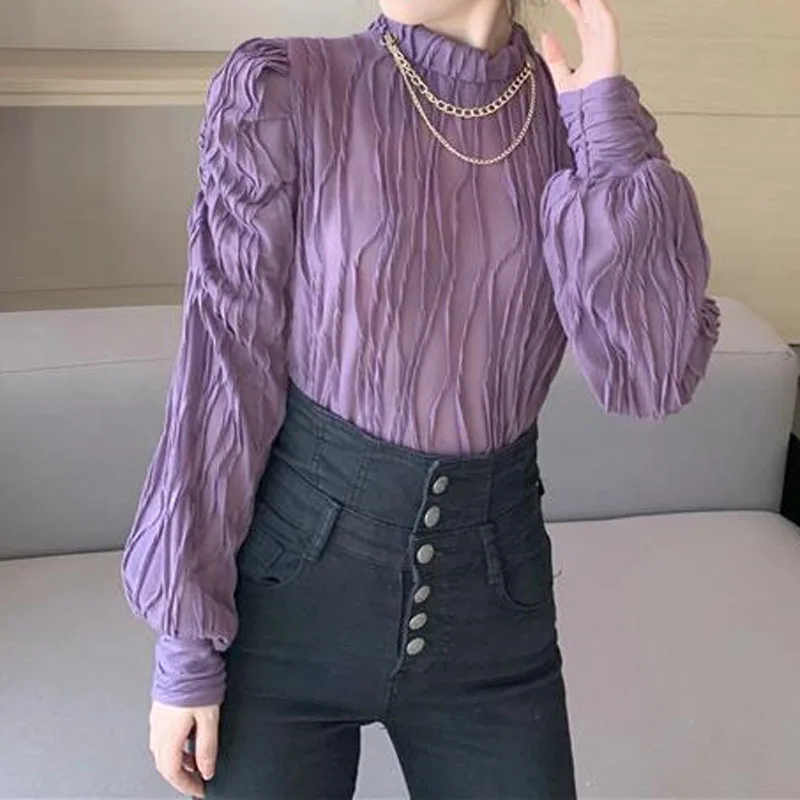 Fashion All-match Solid Color Folds Tops for Female Korean Simplicity Long Sleeve Stand Collar T-shirt Autumn Women's Clothing