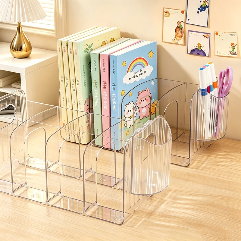 Desktop Book Storage Rack Student Desk Book Stand Picture Books Office Desk Bookshelf Organizer Space-Saving with pen holder