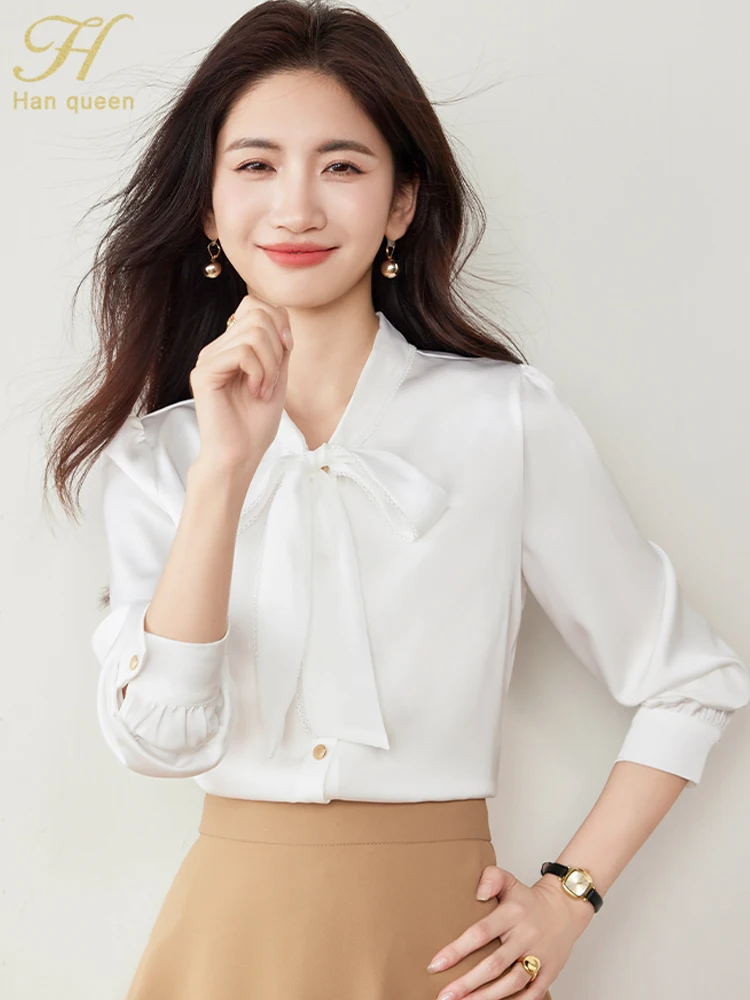 

H Han Queen Autumn Chiffon Lace-Up Bow Loose Casual Vintage Women Blouses Simple Basic Office Tops Elegant Single-Breasted Shirt