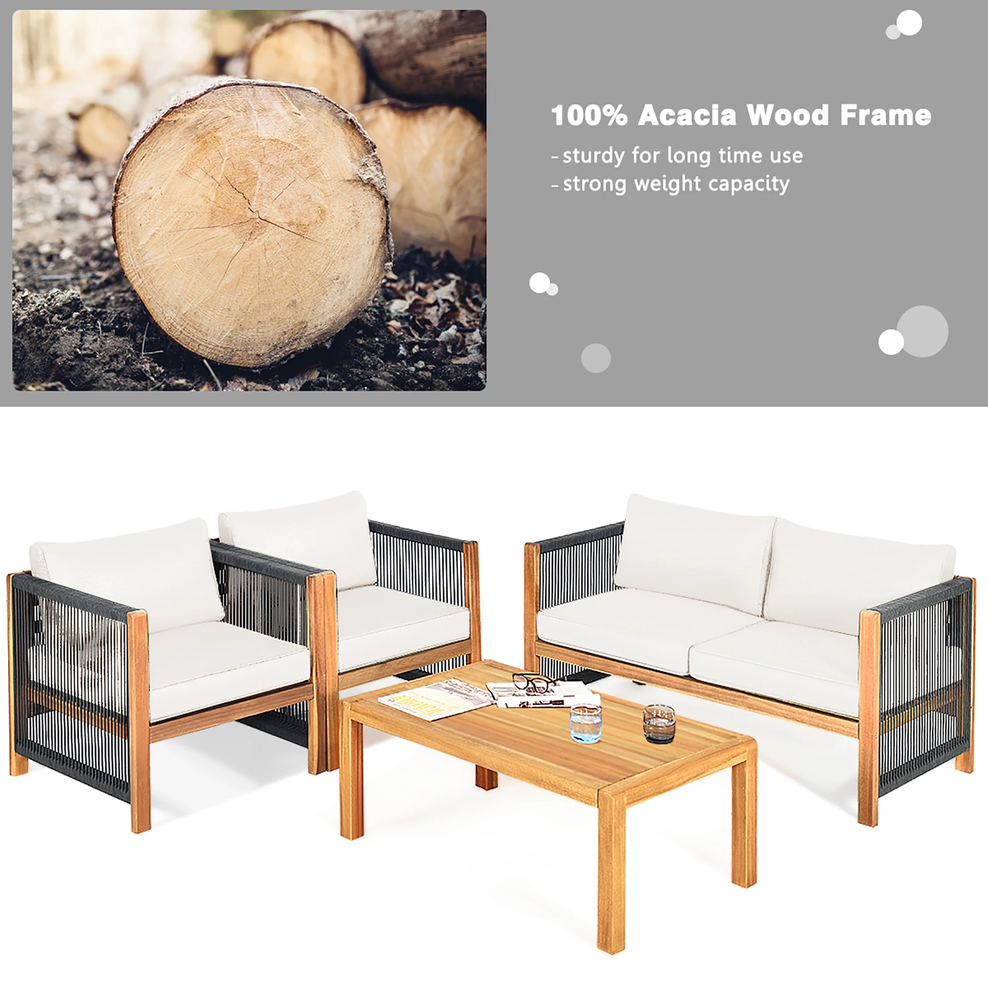 4PCS Wooden Patio Furniture Set CUS01hioned Sofa W/Rope Armrest White image 4