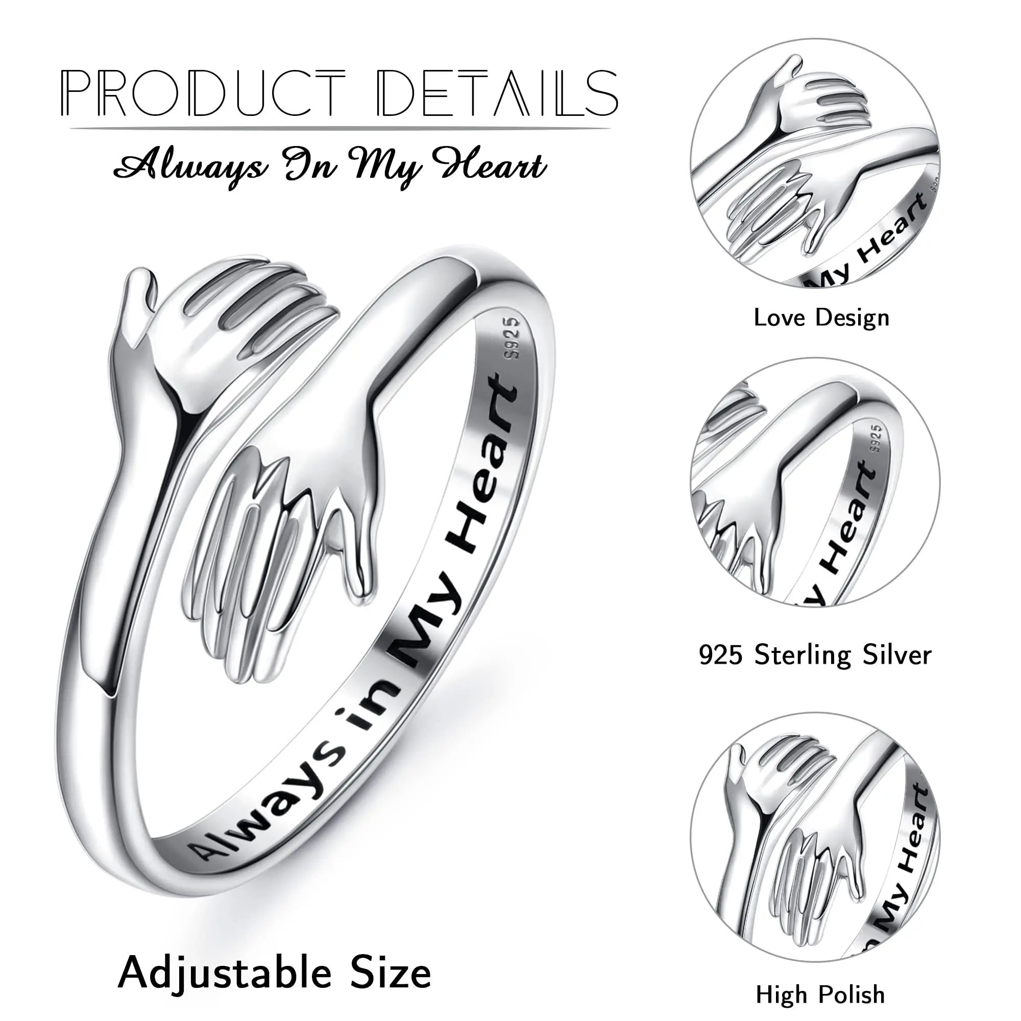 Fansilver-Anillo de abrazo de Plata de Ley 925 para mujer, ajustable, abrazando las manos abiertas, promesa de amor, joyería de amistad, venta al por mayor