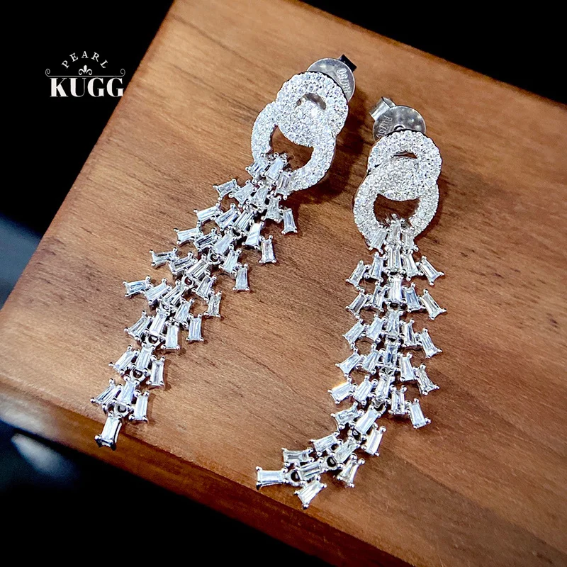 

KUGG 100% 18K White Gold Earrings Luxury Design 0.90carat Real Natural Diamond Drop Earrings for Women High Party Jewelry