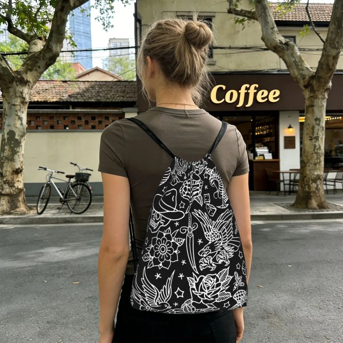 

American Traditional Tattoo Flash Print Backpacks Multi-function Drawstring Bags Sports Bag Book Bags for Travel School