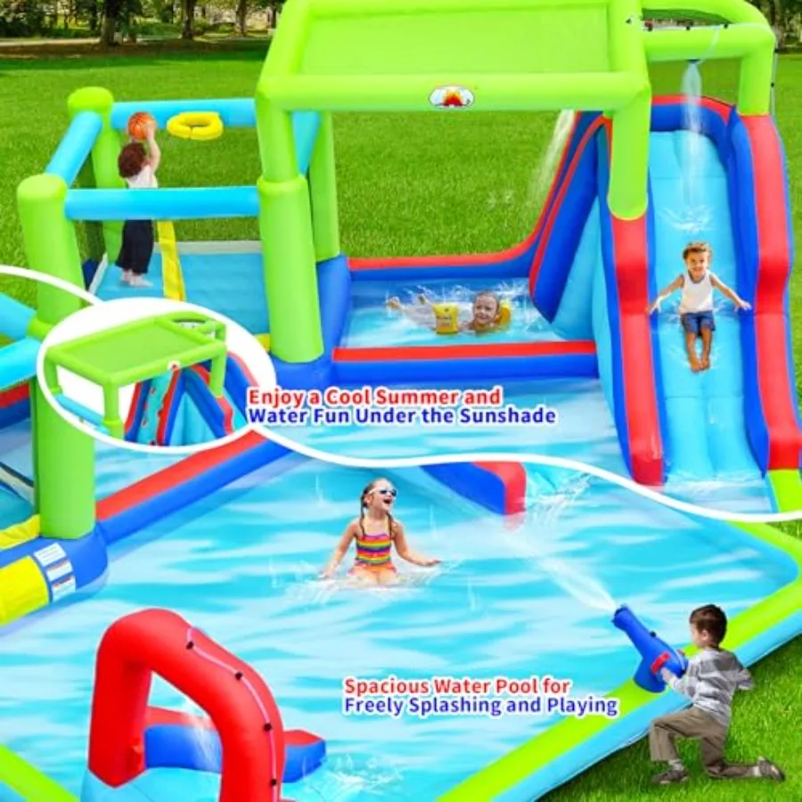 Inflatable Dual Jumping Castle with Blower Bounce House with Sunshade Basketball Hoop Climbing Wall