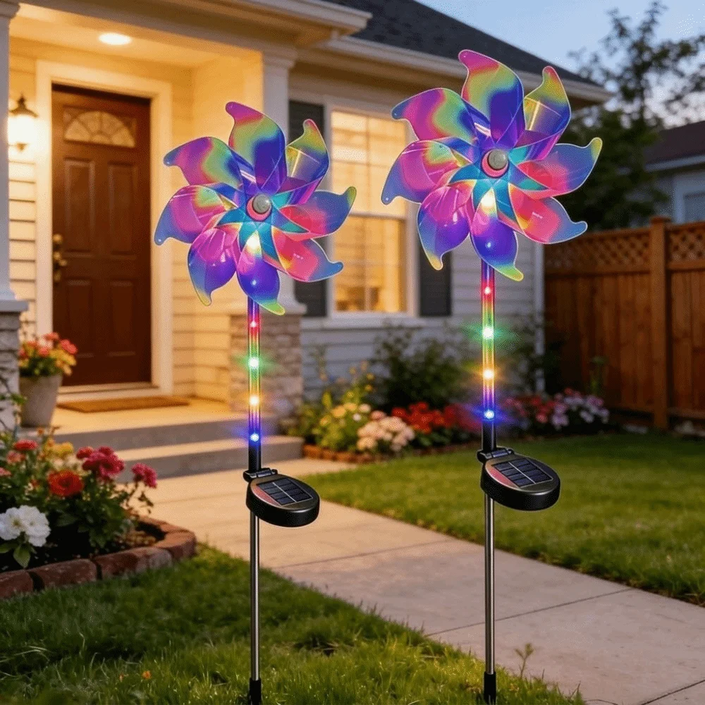 Creative Solar Powered Windmill Lamp Waterproof Colorful Garden Floor Lamp Rotating Realistic Landscape Stake Lights House