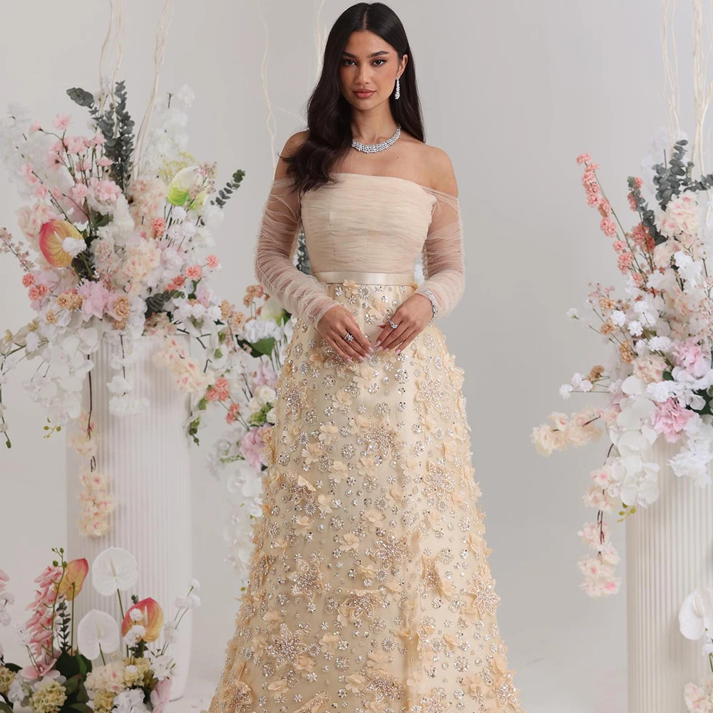 Sukienka wieczorowa bez ramiączek, satynowa, w kolorze szampana, z długimi rękawami, aplikacjami, trenem zamiatającym, sukienka na przyjęcie, długość do kostek, suknia na studniówkę.