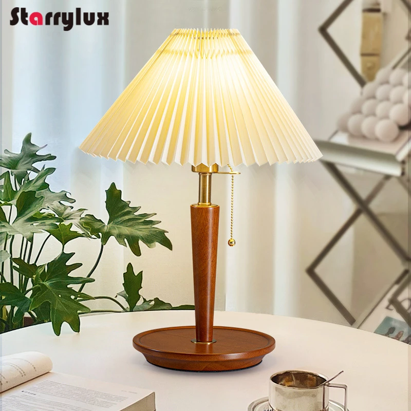 

American Ins Style Vintage Table Lamp Pleated Shade Walnut Base Dimmable Bedside Study Lamp