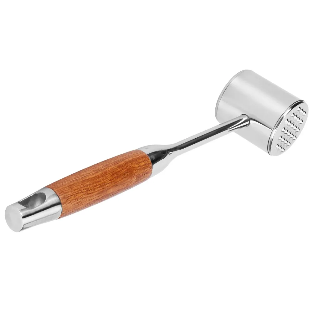 304 Stainless Steel Meat Tenderizer Tool Wood Handle Dual Sided Meat Mallet Hammer Hanging Loop Silver Brown Meat Hammer