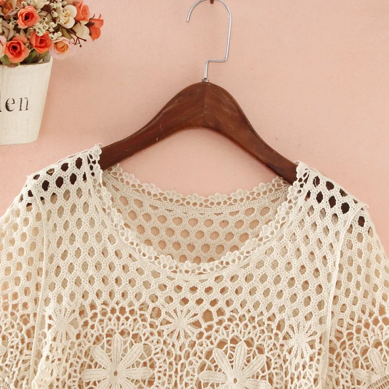 Camisa de punto de malla para mujer, Top suelto, blusa ahuecada, manga corta de campana, primavera y verano, venta al por mayor