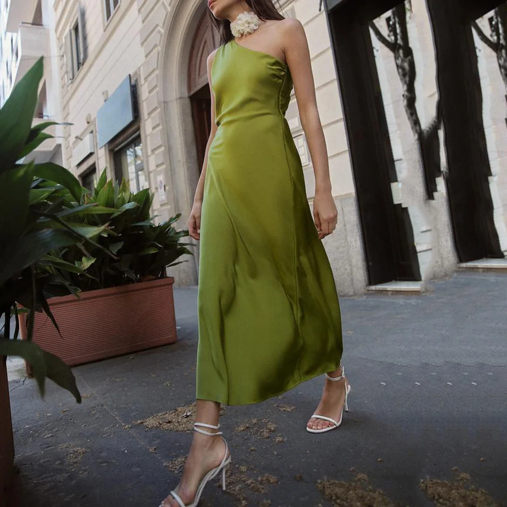 ชุดเดรสผ้าซาตินสำหรับงานปาร์ตี้ฤดูร้อนสำหรับผู้หญิง สายเดี่ยว เปิดหลัง ทรงเข้ารูป ทรงเอไลน์ ความยาวปานกลาง สไตล์ Y2K