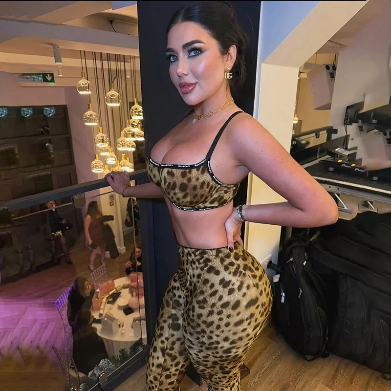 Leopard Print Women Sexy 2 Piece Set Tracksuits Sporty Camisole Vest + High Waist Skinny Leggings Pants Fitness Outfits Suits