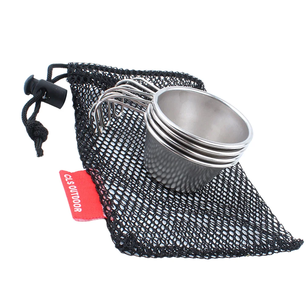 

4pcs Stainless Steel Wine Tumblers Portable Mini Glass With Handle For Outdoor Picnic Camping Beer Tea Cup Set Includes Mesh