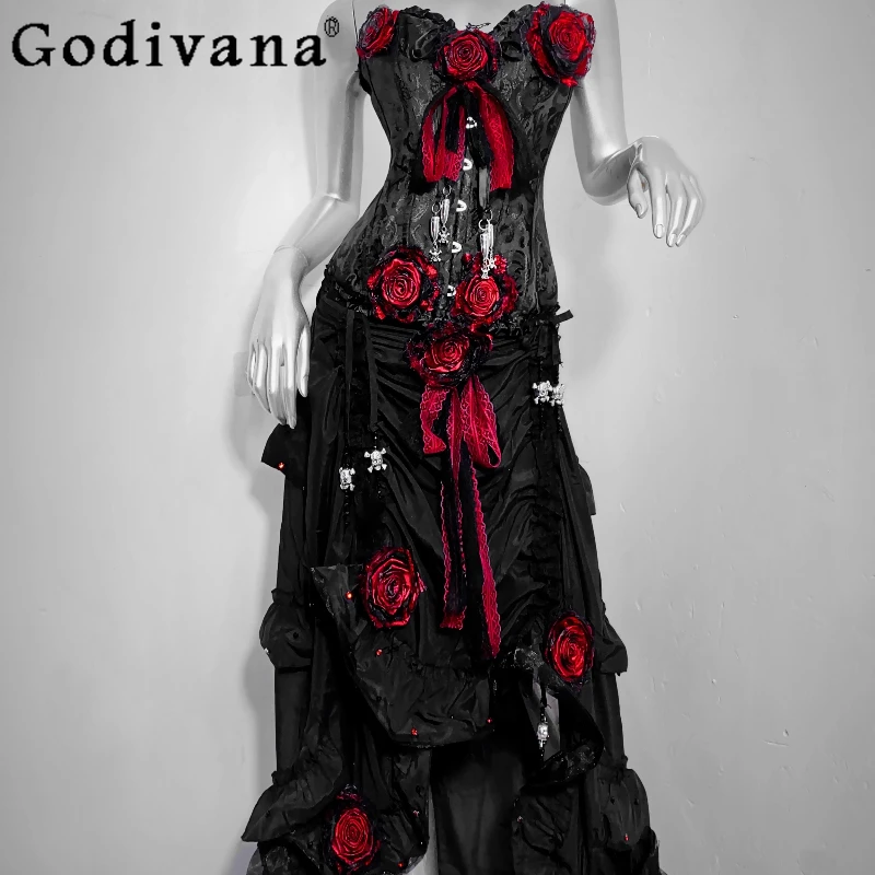 

Original Rose Goth Skirt Set Women's Subculture Corset Drawstring Irregular Long Skirt Suit Female Lolita Two Pieces Flower Set