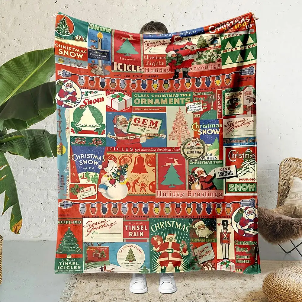 Heavyweight Reversible Flannel Throw Blanket Vintage 1950s Christmas Design with Retro 50s Ads, Non- Polyester All-Season