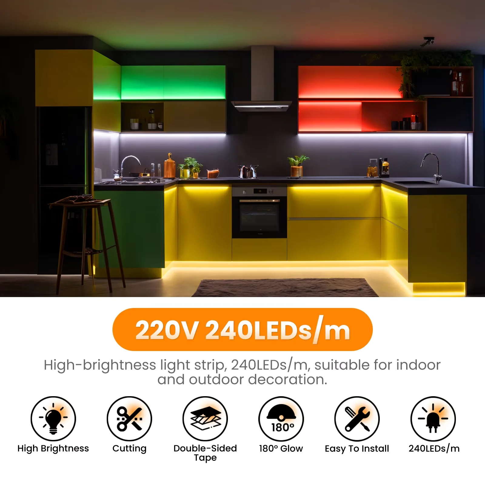 220V COB LED Strip Light Flexible COB LED Tape with Adhesive Tape 240LEDs High Density Linear Lighting Ribbon 5M 10M 20M 50M