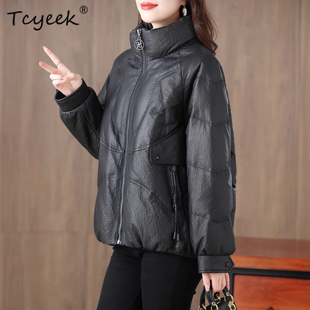 Tcyeek シープスキン 秋冬 ホワイトダックダウン ラージ スタンドアップカラー ブラック ショート レディース 本革ジャケット Jaqueta Couro