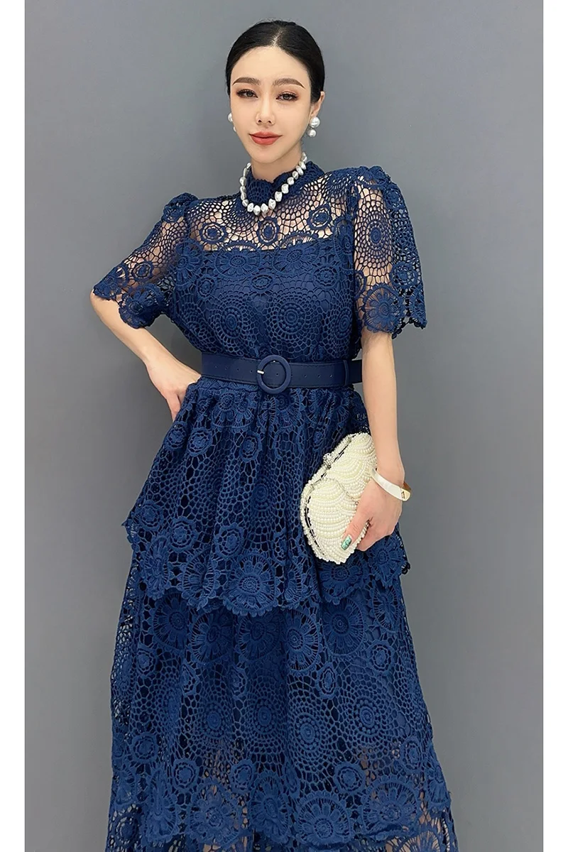 Summer 2024 New Elegant Hook Flower Hollow Lace Loose Long Dresses For Women Fashion Short Sleeve Dress Wholesale