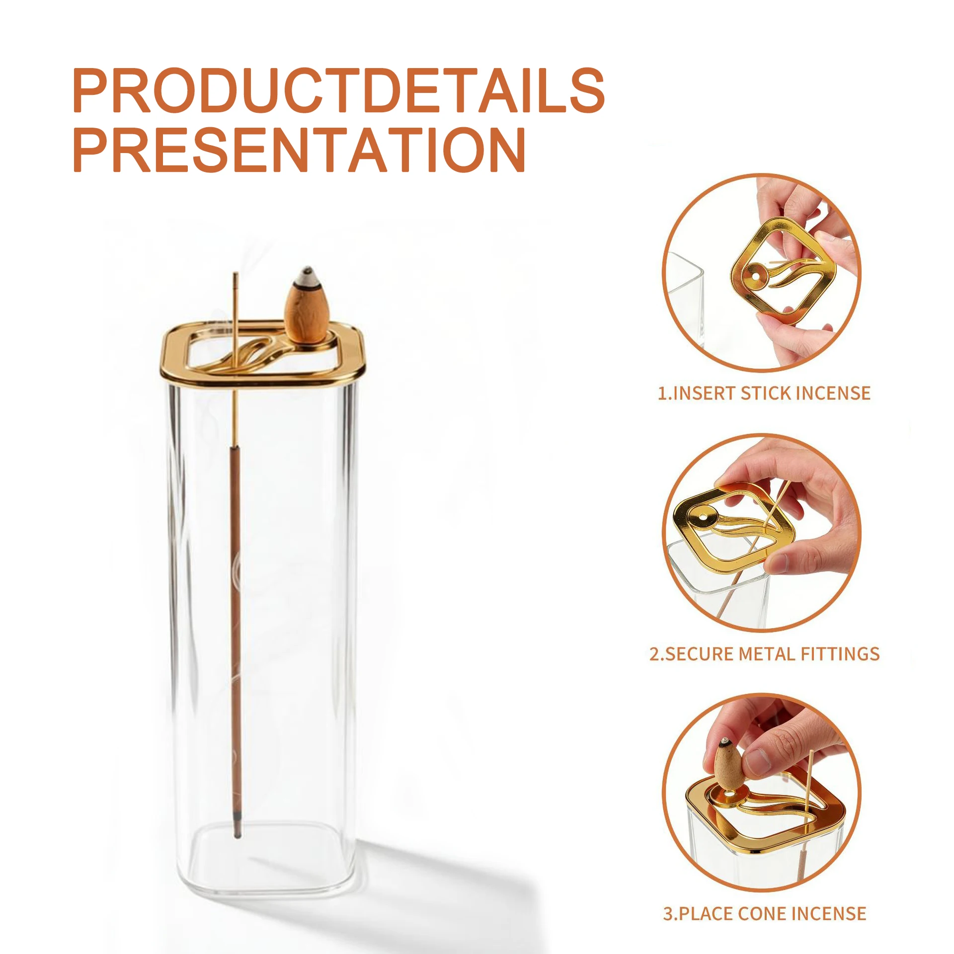 Metal Glass Dual Incense Burner for Stick & Cone Backflow, Office Yoga Meditation Aroma Holder with Ash Catcher - view 5
