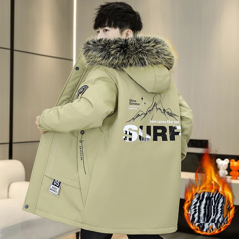 2024 New Winter New Warm Hooded Jacket Medium-length Trendy Brand Fleece-lined Thickened Loose-fit Parka Cotton Coat Youth