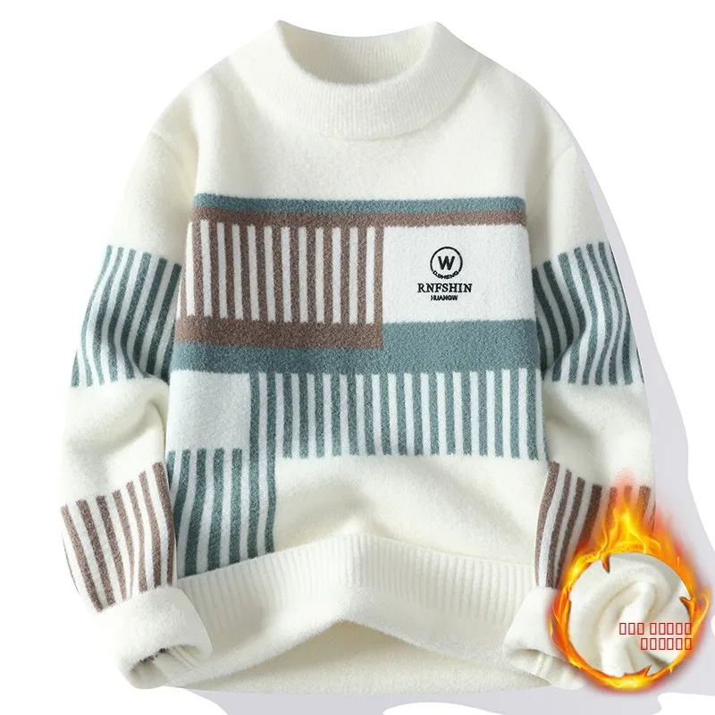 

Thiened Fce Knitted round Ne Men's Sweater Winter Warm Youth Student Faion Woolen Long Sve Overhead Top