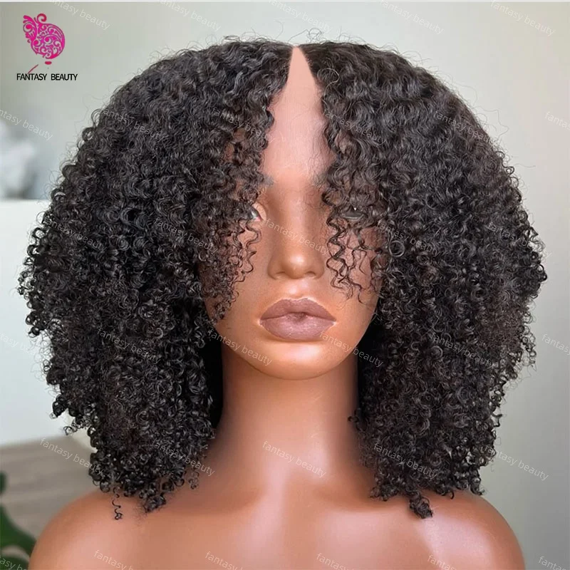 

Natural Human Black Hair Glueless Wigs For Black Women Afro Kinky Curly 1x4 middle V Part Open Wig 250%Density Machine Made Wig