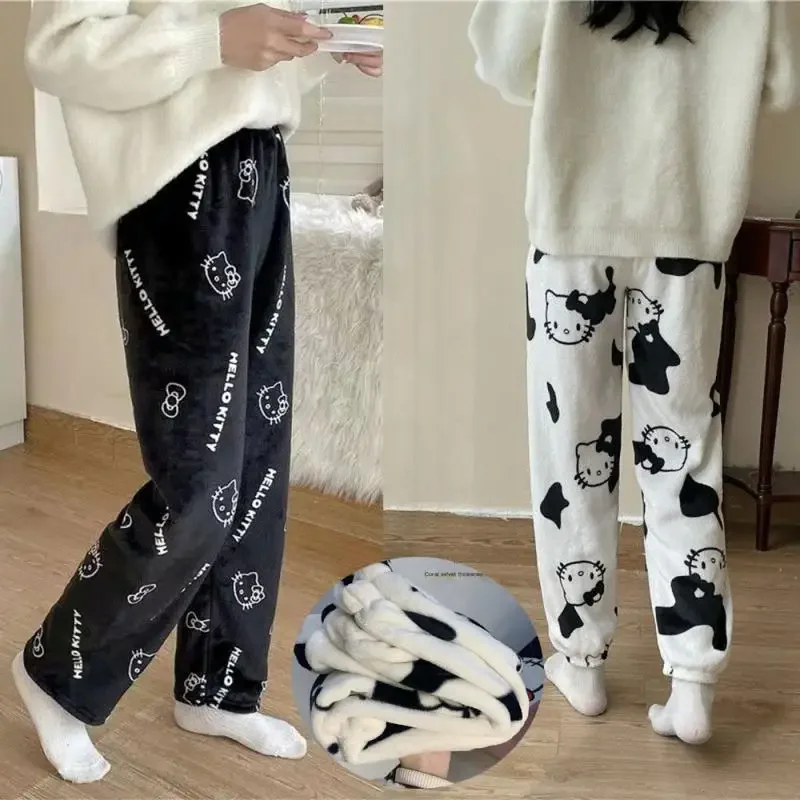 Anime Hello Kitty Pyjamabroek Sanrioed Kawaii Broek Vrouwen Lente Winter Fleece Warm Houden Broek Casual Huishoudelijke Leuke Mode