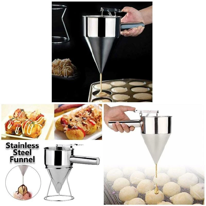 Baking Tools Takoyaki Stainless Steel Funnel Dispenser with Holder Octopus Balls Batter Baker Cooking Tool Kitchen Accessories