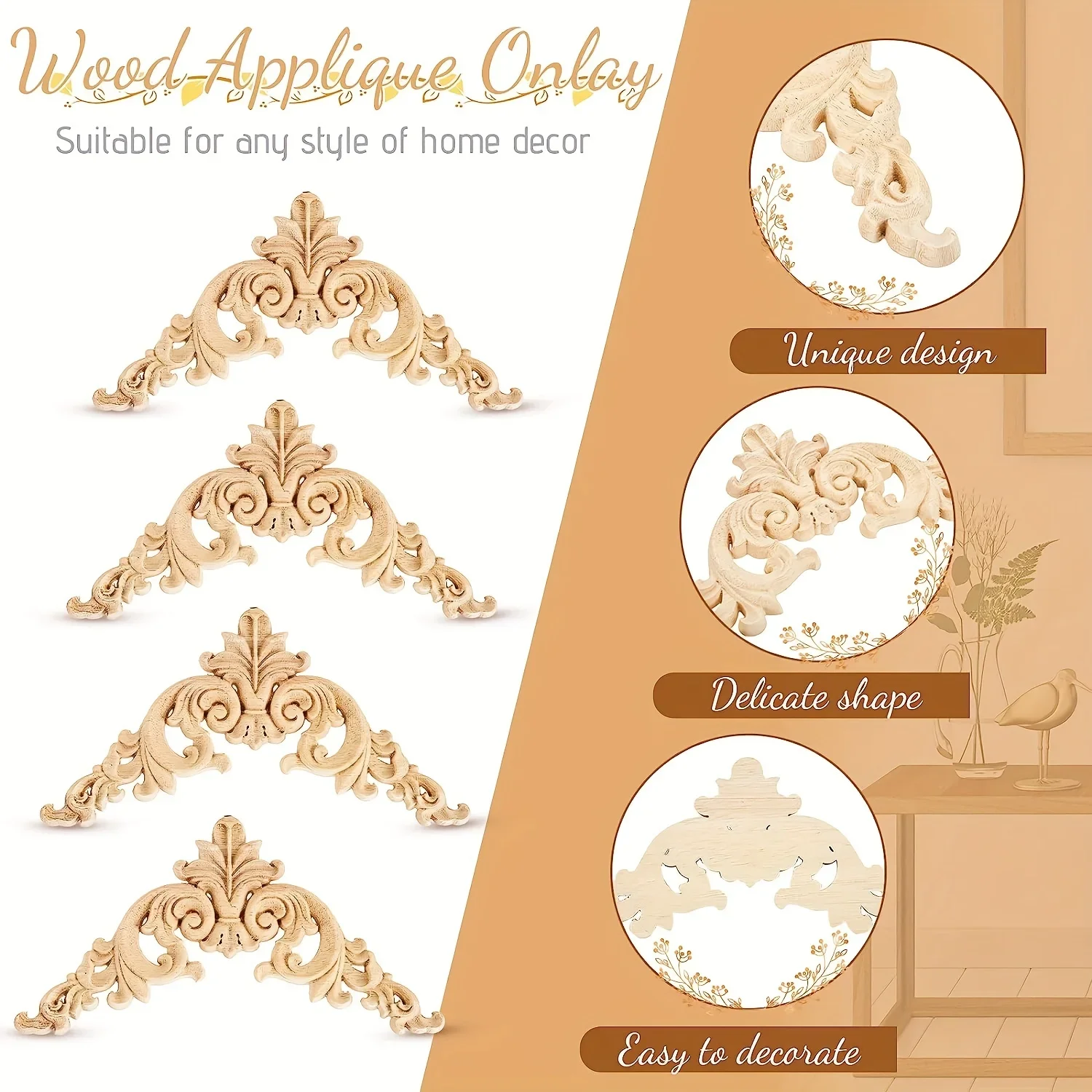 5 Pieces Wood Appliques Onlays Decorative Wood Applique DIY Appliques and Onlays for Furniture Long Carved Onlay for Bed