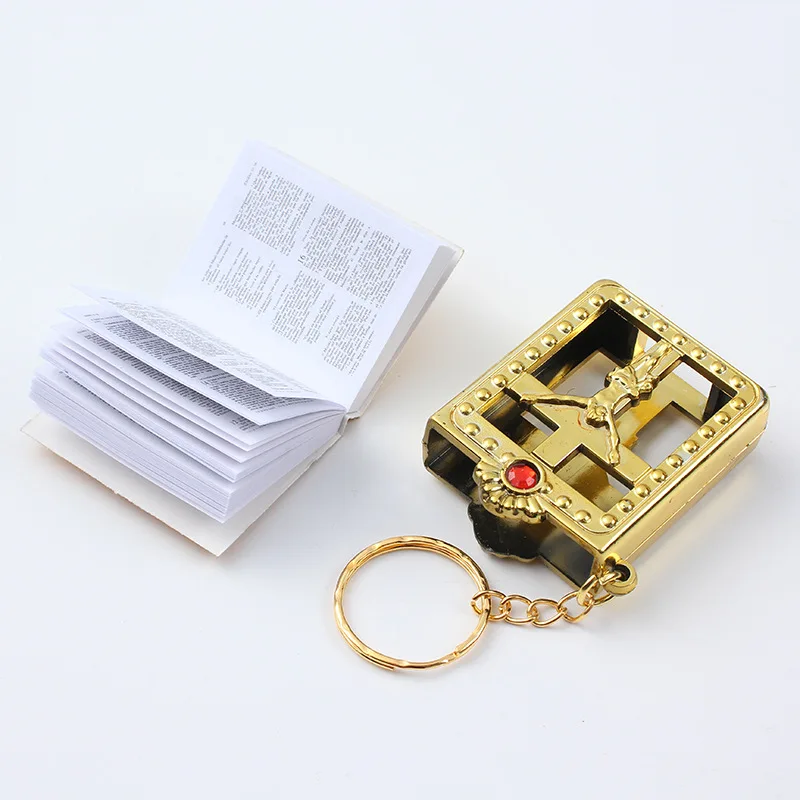 Creative Mini Holy Bible Keychain Pageable English Bible Book Key Ring Metal Jesus Cross Religious Pendant Church Souvenir Gifts
