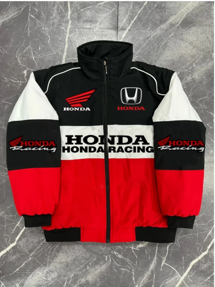 Chaqueta de moto Honda cálida de invierno para hombre, chaqueta de carreras a prueba de viento con logotipo de Honda y cuello levantado personalizable