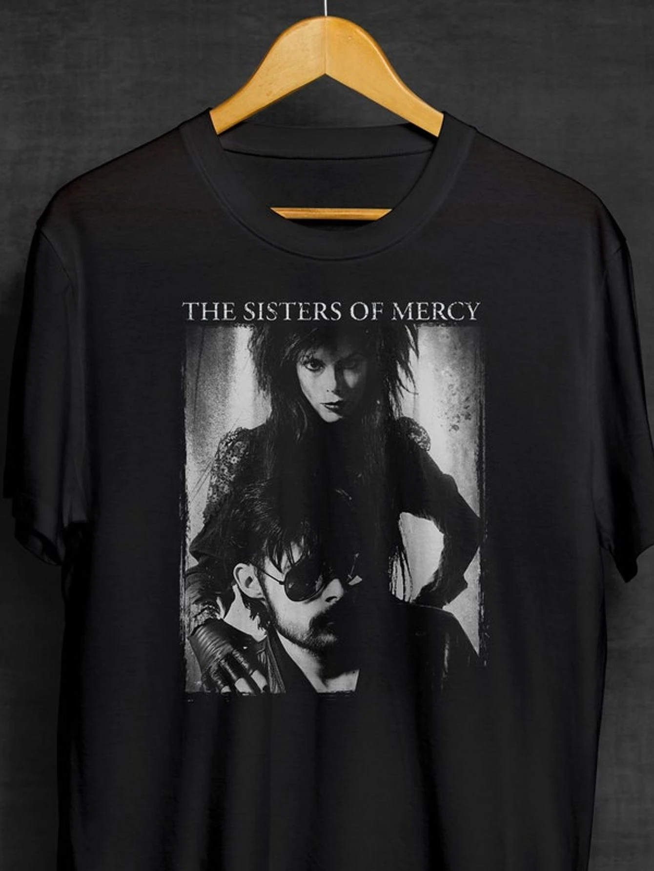 Black cotton regular fit T-shirt with The Sisters of Mercy band photo print. Gothic rock music design retro aesthetic